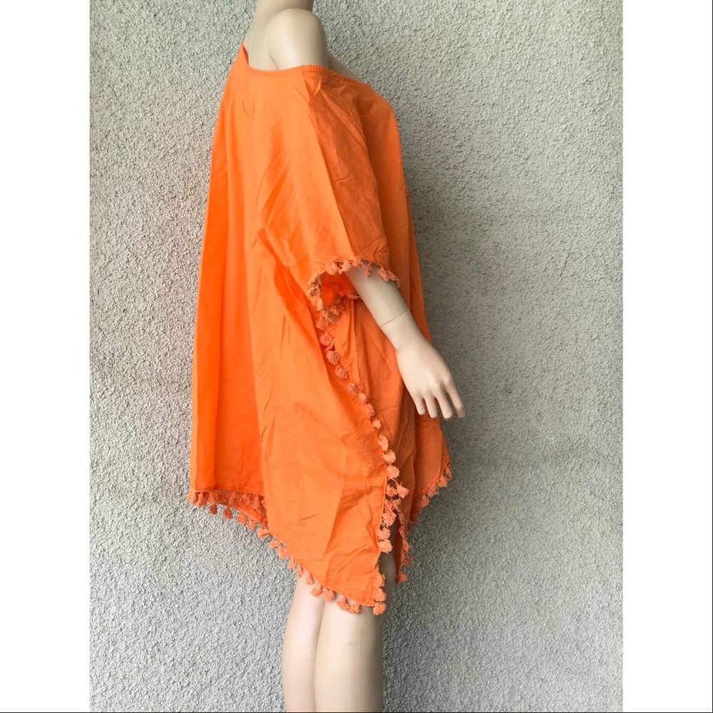 Orange Crush Linen Tassels Boho Beach Cover up - Picture 3 of 4